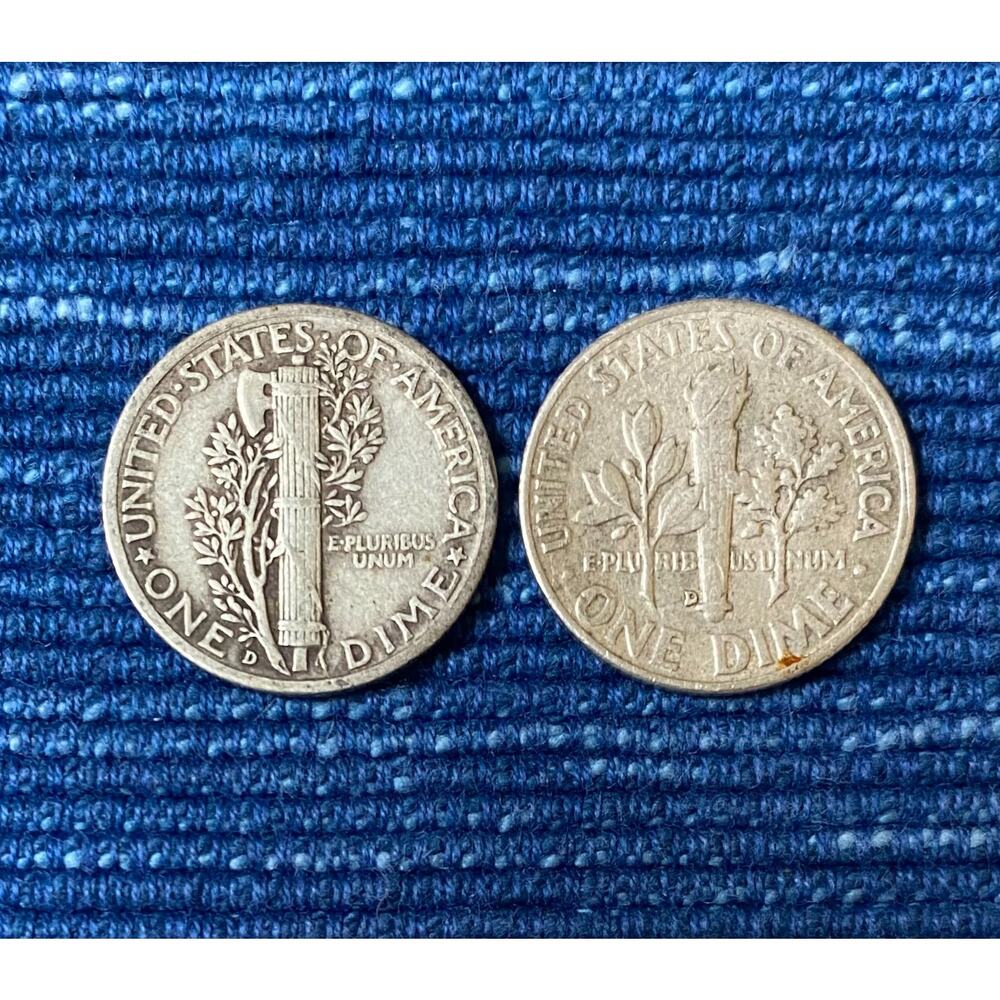Silver Mercury & Roosevelt Dime 90% Silver 1942 1958 67B - Picture 2 of 2